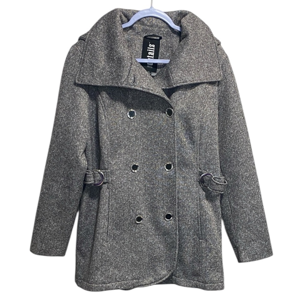 details Herringbone Double-Breasted Belted‎ Coat Gray Hooded Jacket Size L